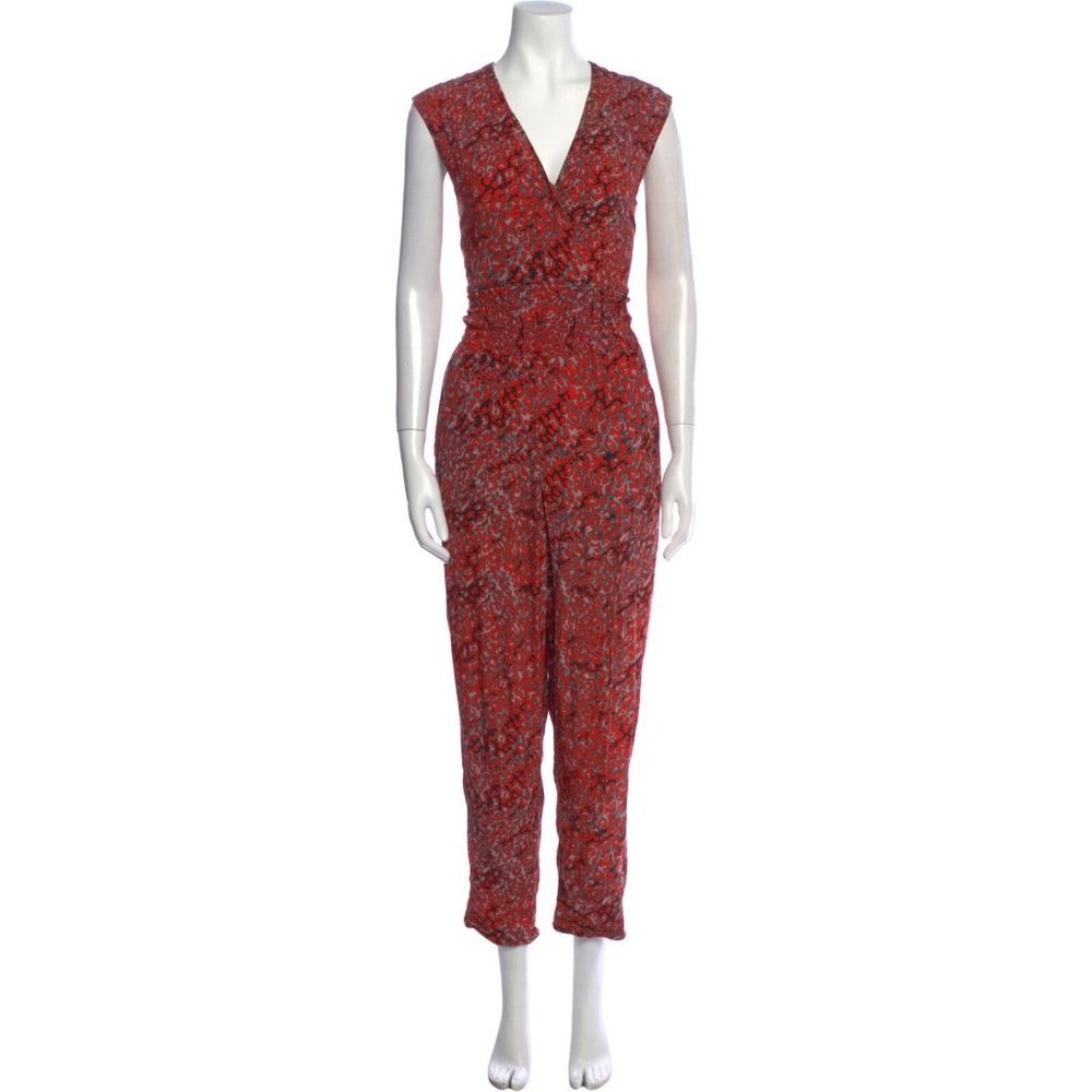 Maje Red Floral Plunging Jumpsuit Sz 36 Sz Small Pockets Elastic Waist